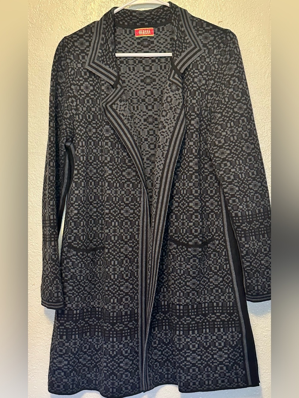 Oleana Made in Norway Merino Wool Black & Gray Knit Cardigan L